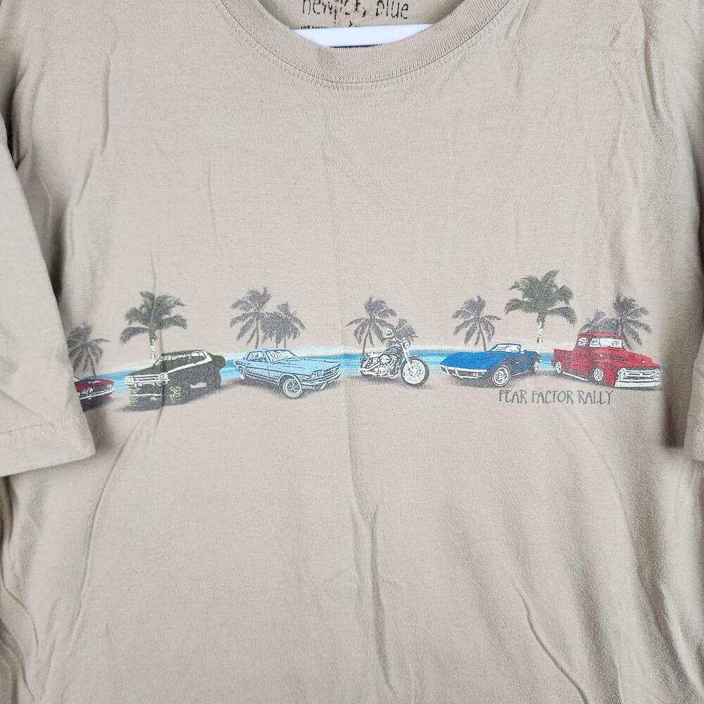 Fear Factor Rally Shirt Mens XL Tan Classic Trucks Cars Palm Trees Beach Chpooer